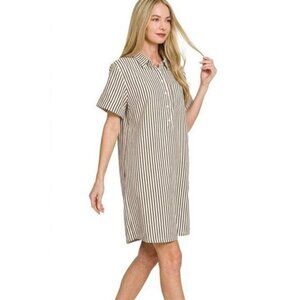 Zenana Stripe Collared Half Button Up T-Shirts Dress